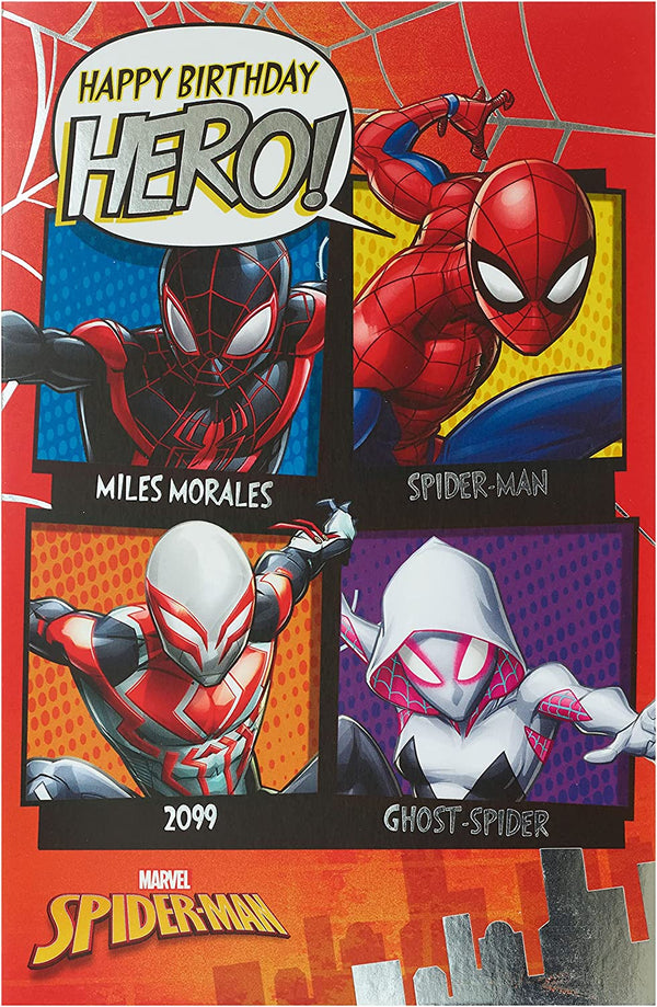 Spider-Man superhero birthday greeting card from UK Greetings featuring Spider-Man in action on the front.