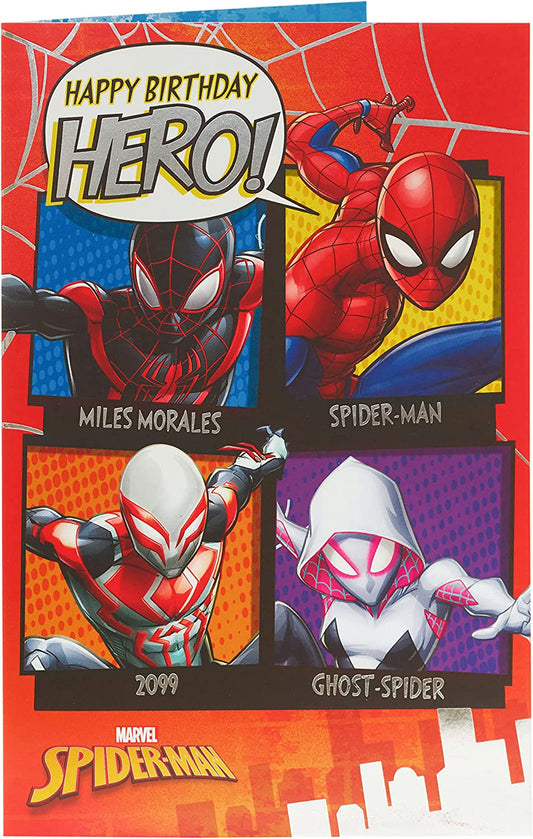 Spider-Man superhero birthday greeting card featuring Spider-Man in a dynamic pose with colorful comic-style design.
