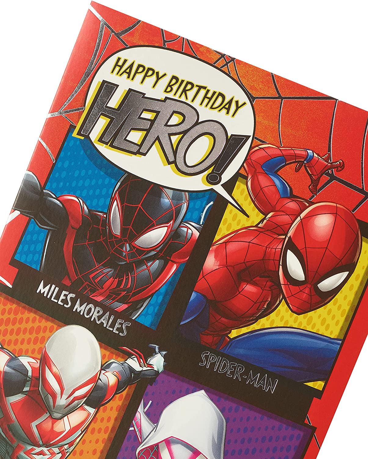 Spider-Man superhero birthday greeting card with colorful cartoon design, suitable for kids' birthday celebrations.