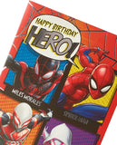 Spider-Man superhero birthday greeting card with colorful cartoon design, suitable for kids' birthday celebrations.