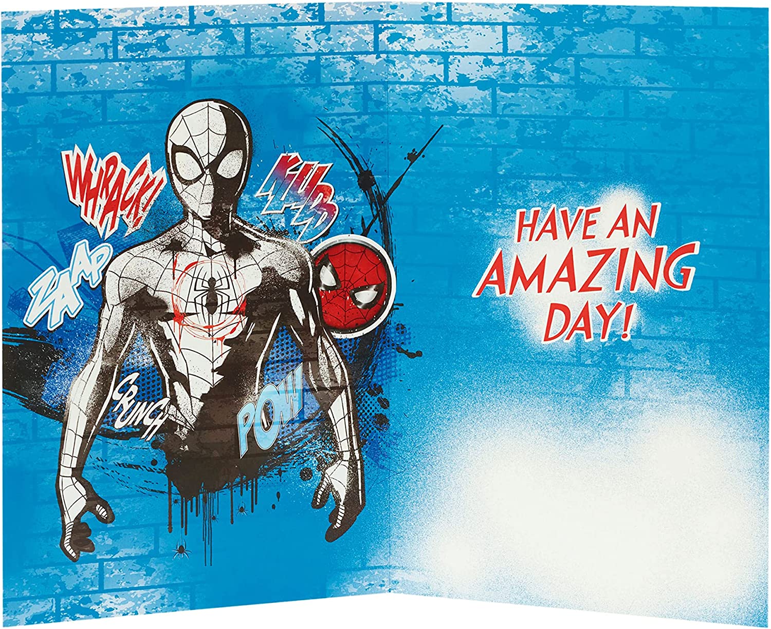 Spider-Man superhero birthday greeting card featuring Spider-Man in action with colorful comic-style design.