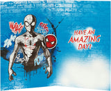 Spider-Man superhero birthday greeting card featuring Spider-Man in action with colorful comic-style design.