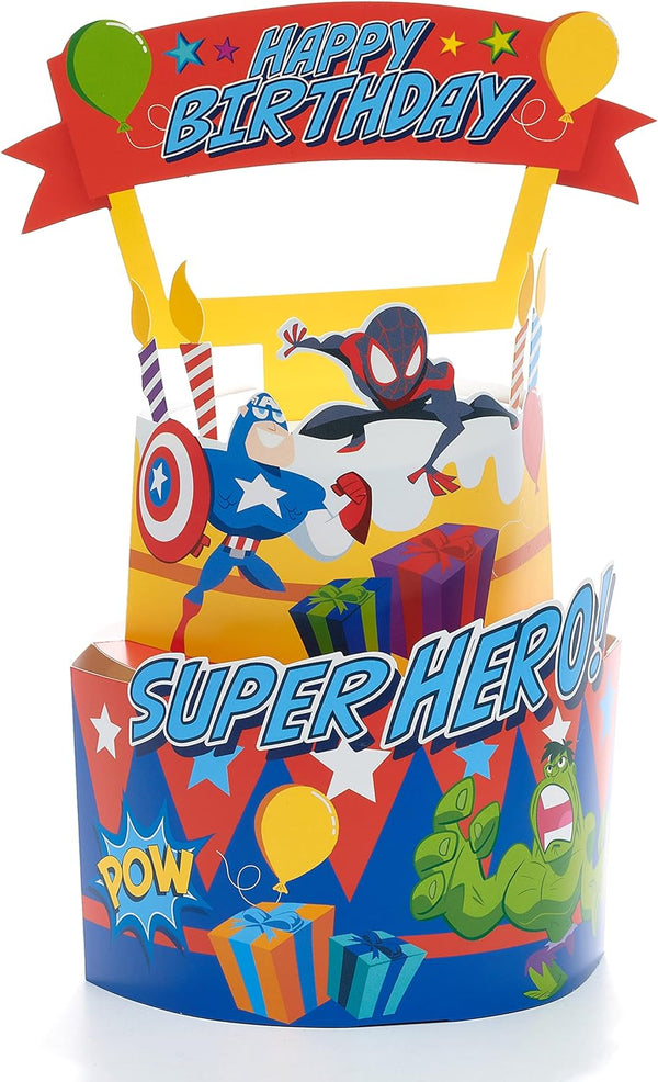 Spiderman 3D cake pop-up birthday greeting card with Spiderman character and colorful design, perfect for celebrating birthdays.