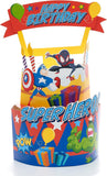 Spiderman 3D cake pop-up birthday greeting card with Spiderman character and colorful design, perfect for celebrating birthdays.