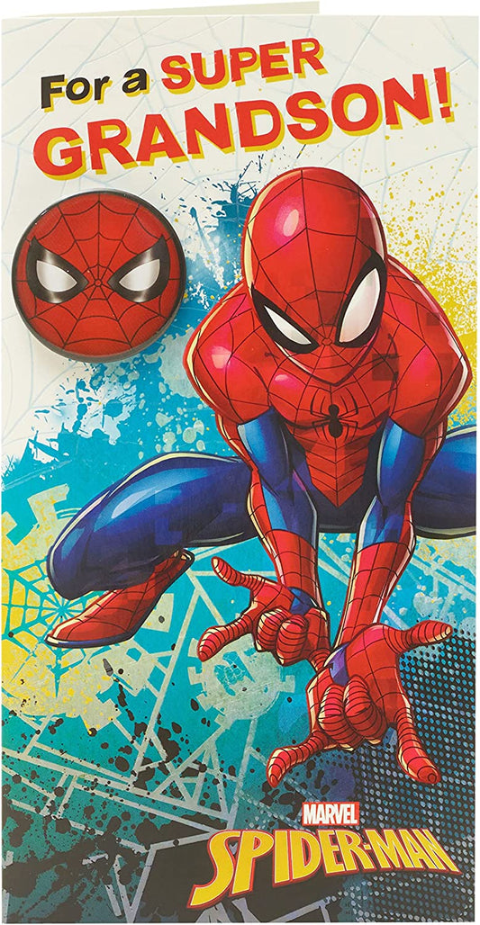 Spiderman Grandson birthday greeting card featuring a face badge hero design, UK Greetings brand, with colorful superhero artwork.