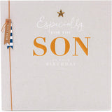 Sentimental Son birthday greeting card with star attachment from UK Greetings, featuring heartfelt message and colorful design.