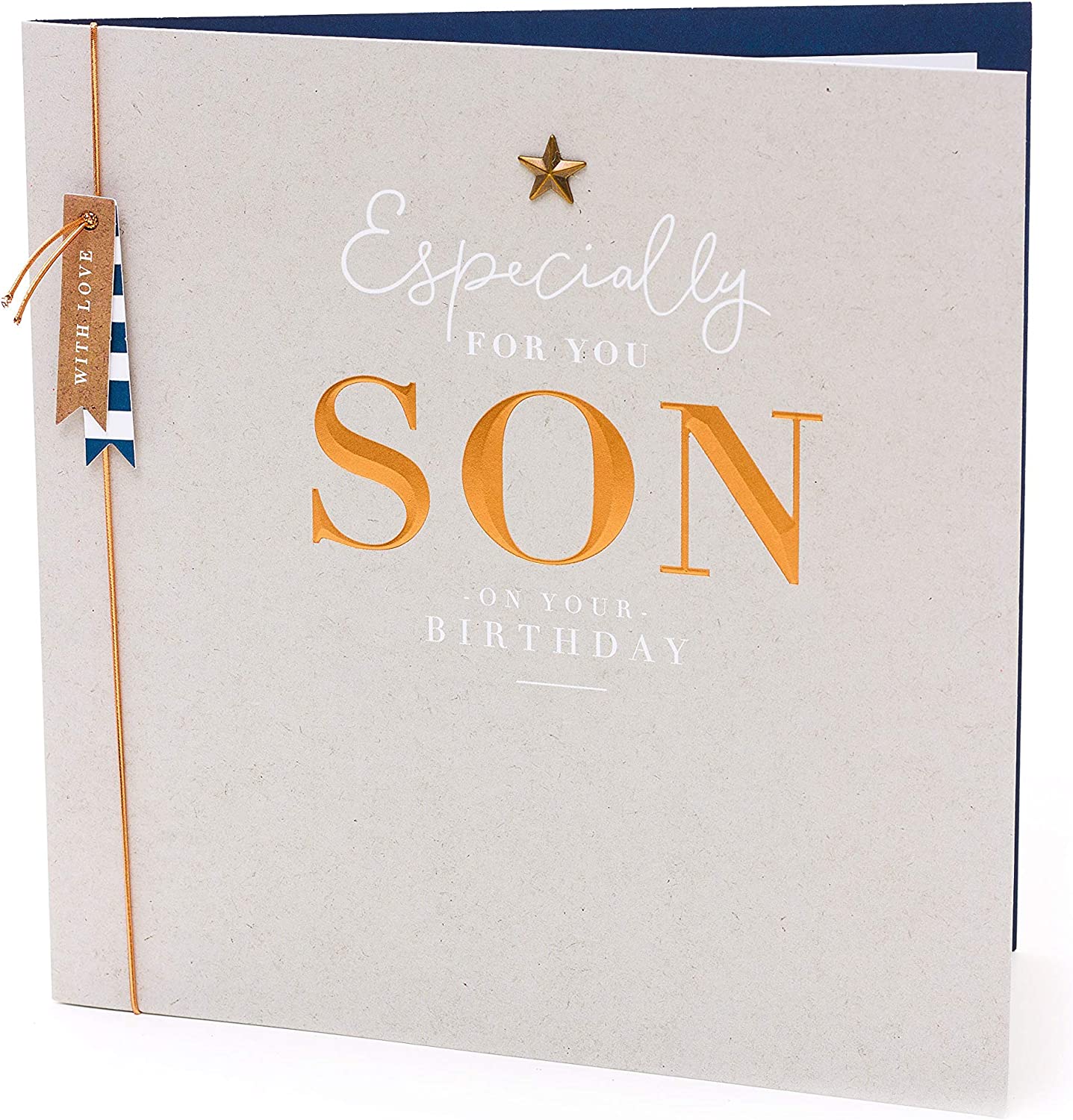 Sentimental son birthday greeting card with star attachment from UK Greetings, featuring colorful design and heartfelt message.