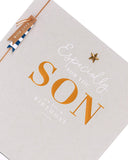 Sentimental Son birthday greeting card with star attachment from UK Greetings, featuring heartfelt message and colorful design.