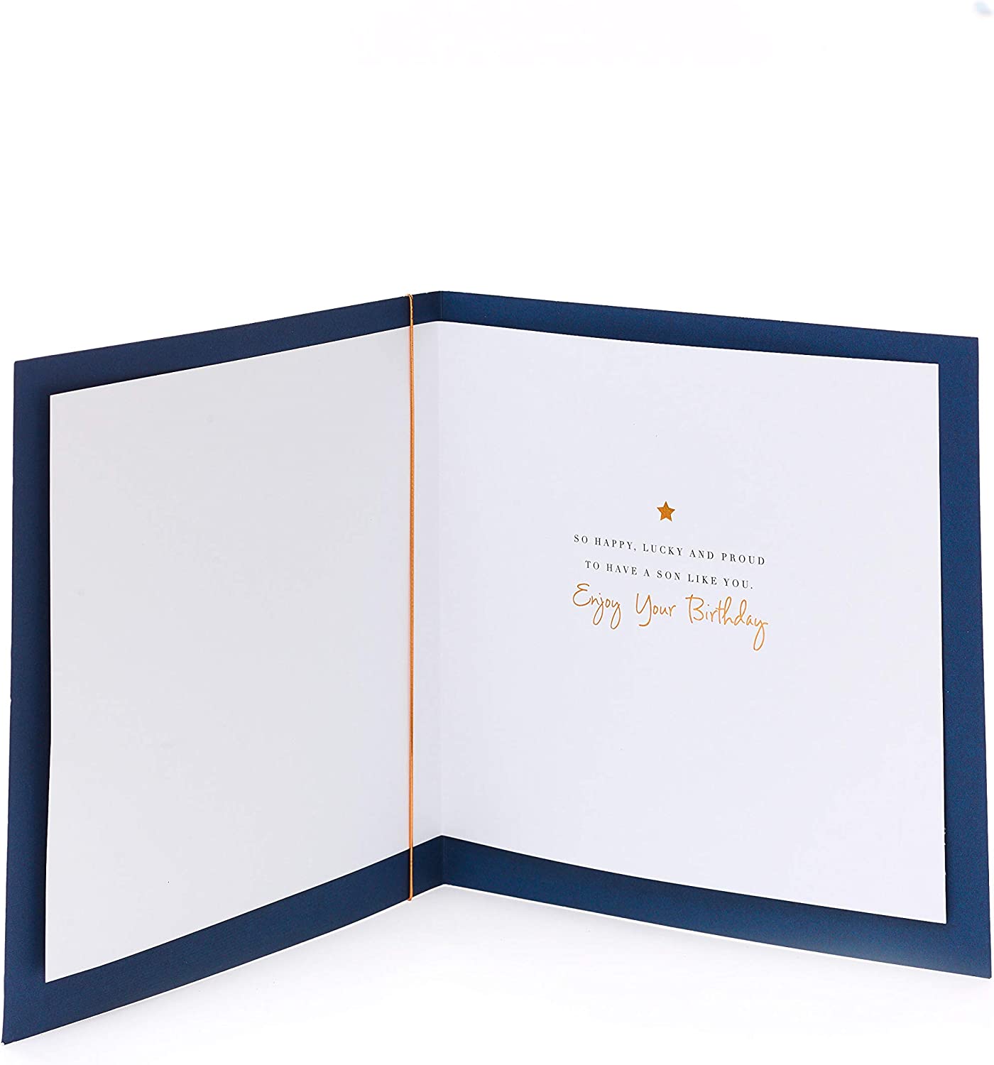 Sentimental son birthday greeting card with star attachment, UK Greetings, featuring colorful design and heartfelt message.