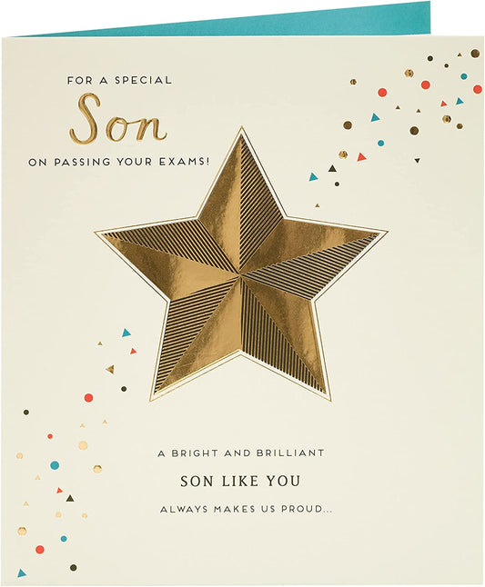 Star Gold Foil Son Exam Pass Congrats Card from UK Greetings, featuring a celebratory design with gold foil accents.