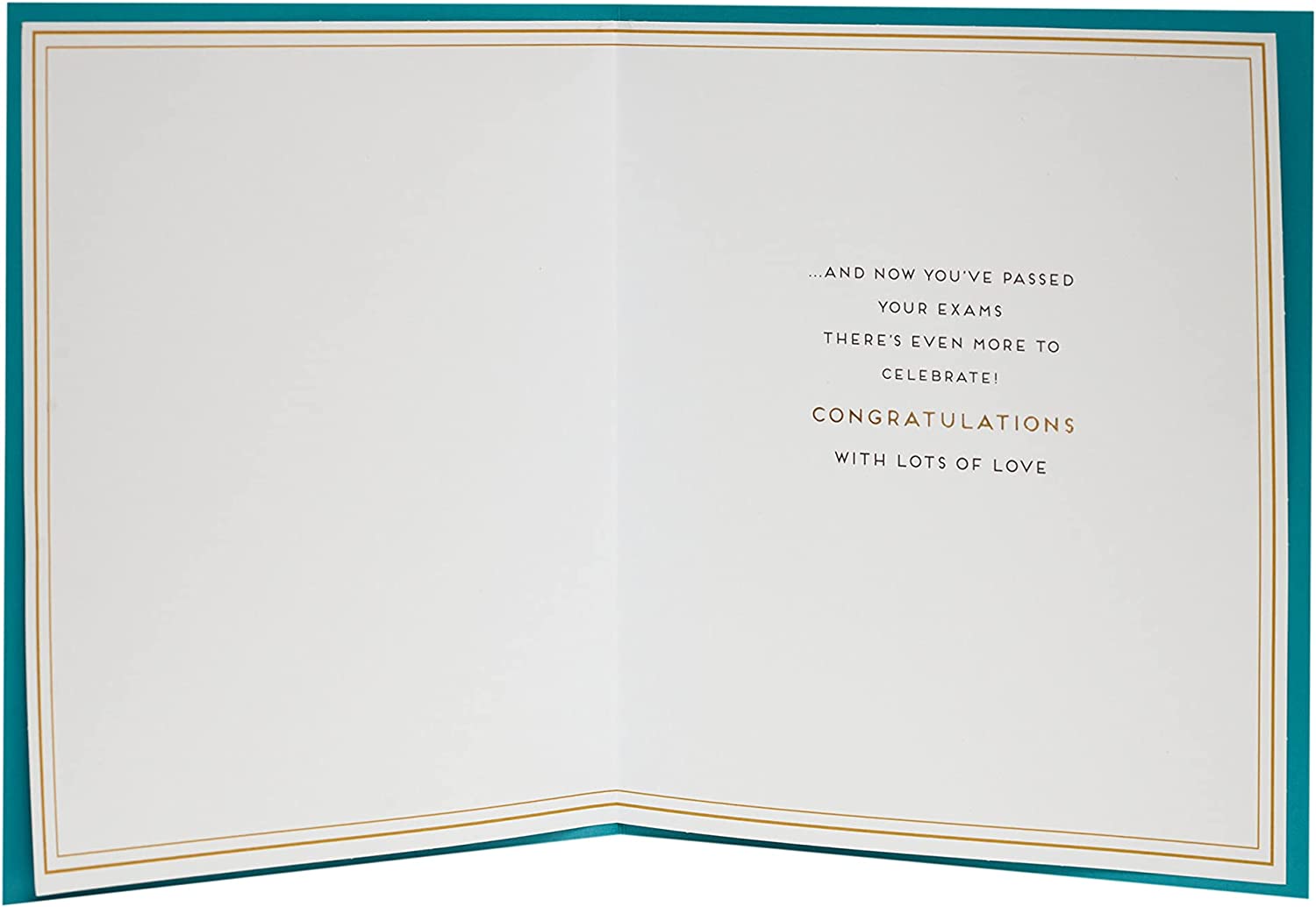 Gold foil greeting card featuring "Son Exam Pass" congratulations message from UK Greetings with celebratory design.