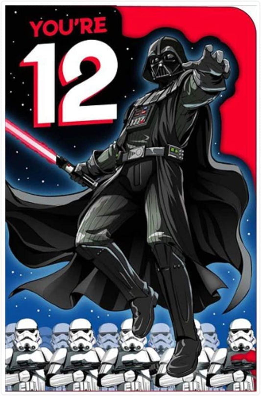 Star Wars 12th birthday greeting card by UK Greetings featuring iconic characters and space-themed design.