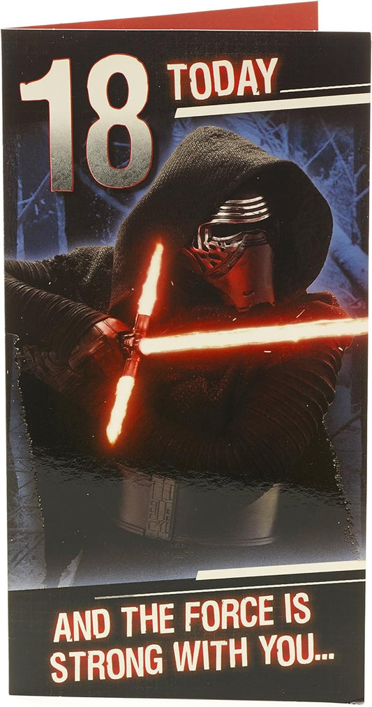 Star Wars Kylo Ren 18th birthday greeting card featuring dark side design and character illustration from UK Greetings.