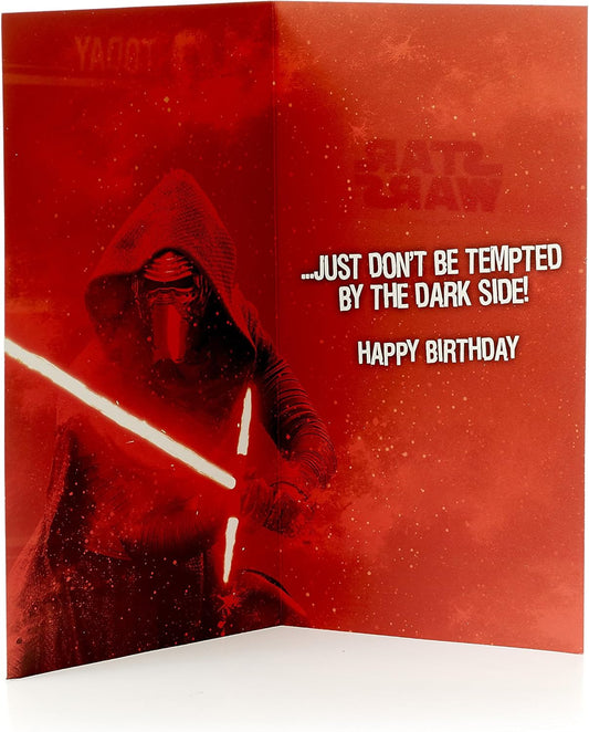 Star Wars Kylo Ren Dark Side 18th birthday greeting card by UK Greetings showing Kylo Ren's helmet and dark side design.