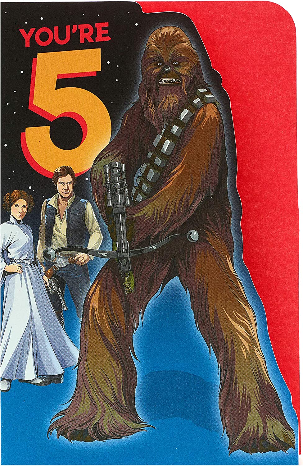 Star Wars Chewbacca 5th birthday greeting card by UK Greetings featuring Chewbacca with a festive background.
