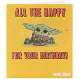 Holographic foil Star Wars Mandalorian Grogu birthday greeting card featuring Grogu in a playful pose on a festive background.