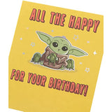 Holographic foil Mandalorian Grogu birthday greeting card featuring Star Wars character on a festive background.