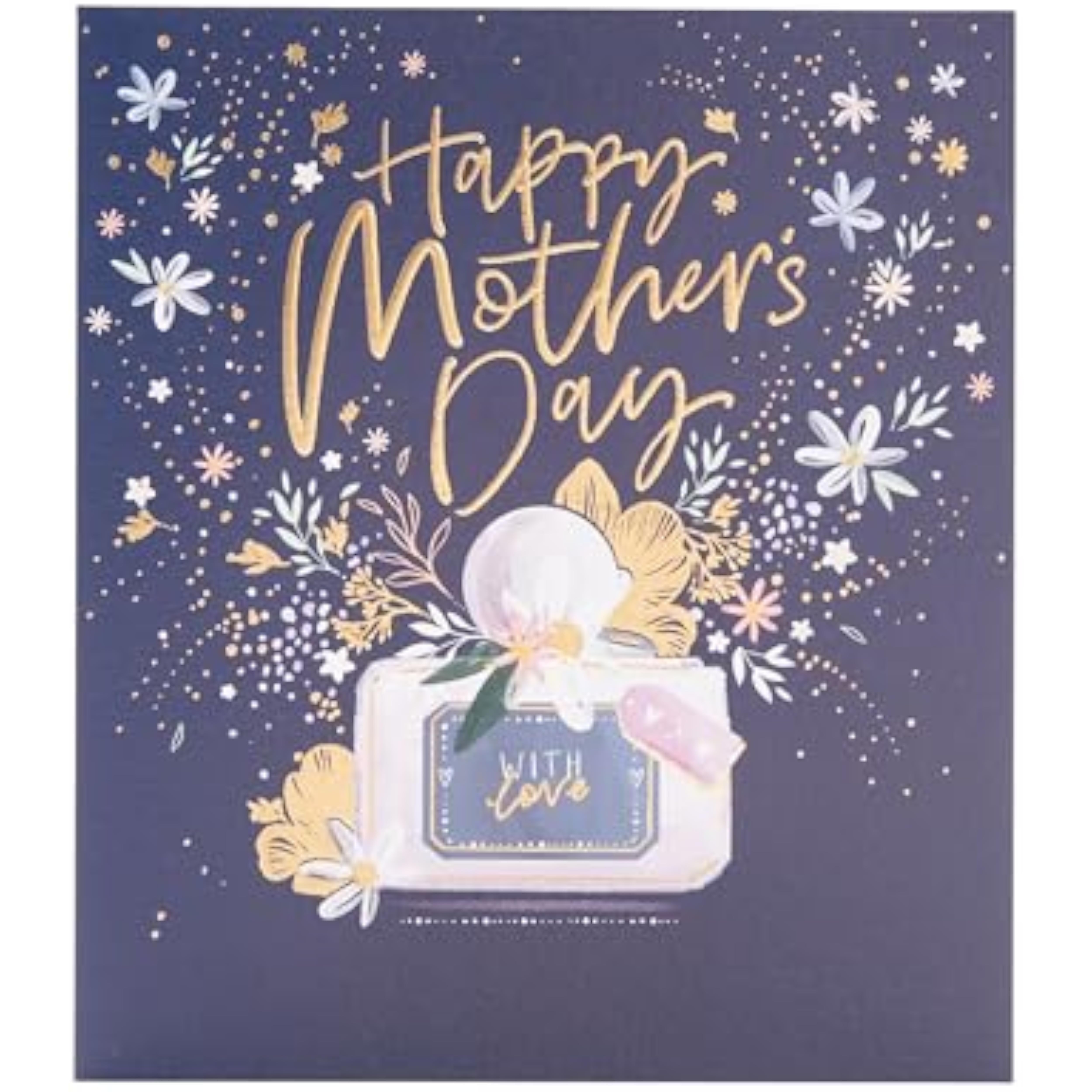 Beautiful greeting card with perfume design for Mother's Day, featuring elegant floral artwork on the UK Greetings greeting card.