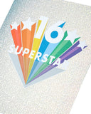 Super Star 16th birthday greeting card by UK Greetings featuring colorful star designs and celebratory message.
