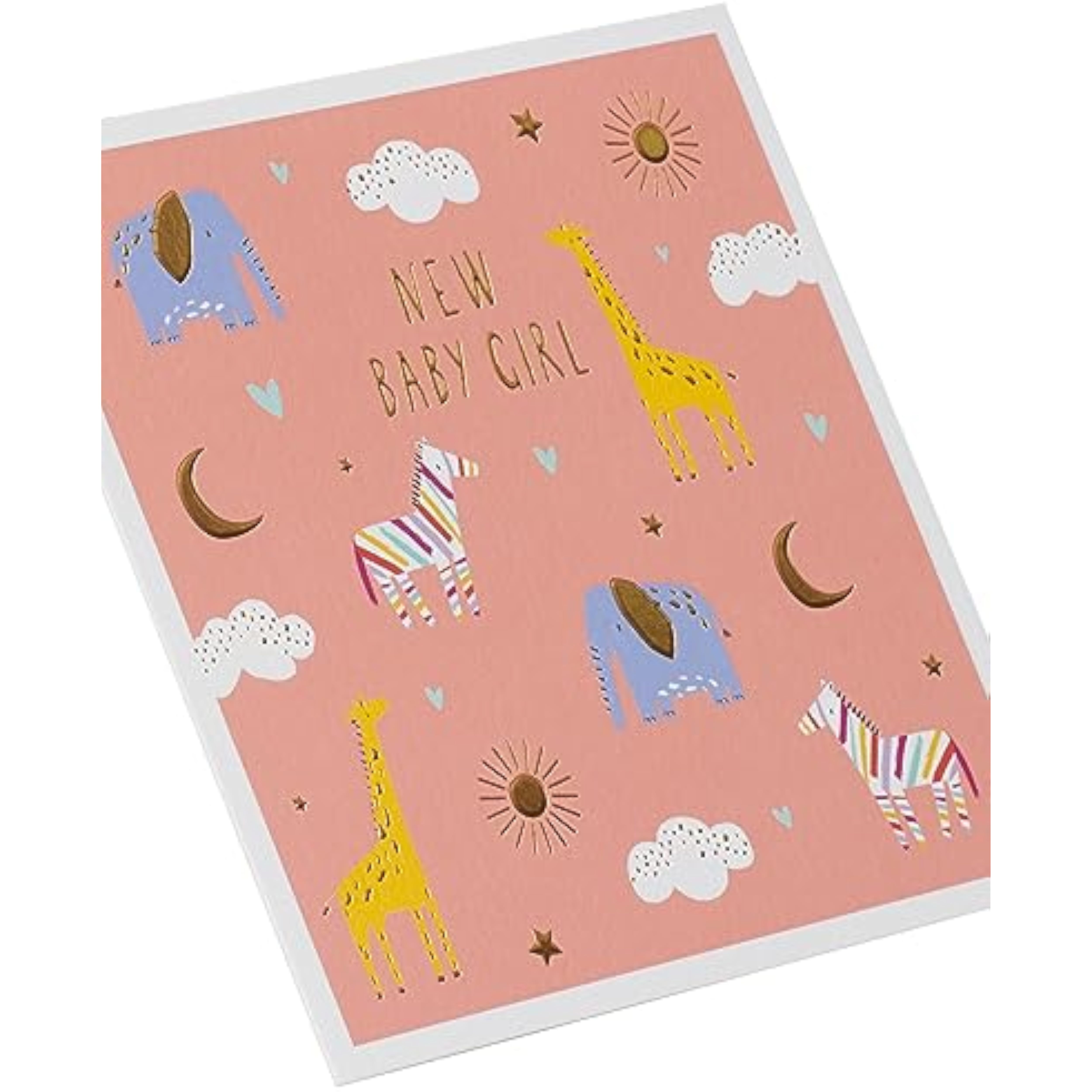 Sweet animal design baby girl greeting card by UK Greetings featuring adorable animal illustrations for new baby celebrations.