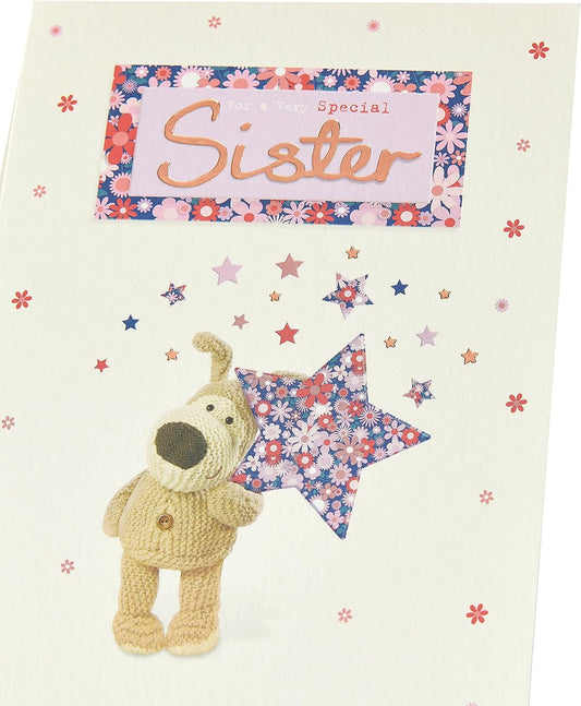 Sweet Boofle Star Sister birthday greeting card by UK Greetings featuring colorful star designs and adorable Boofle character.
