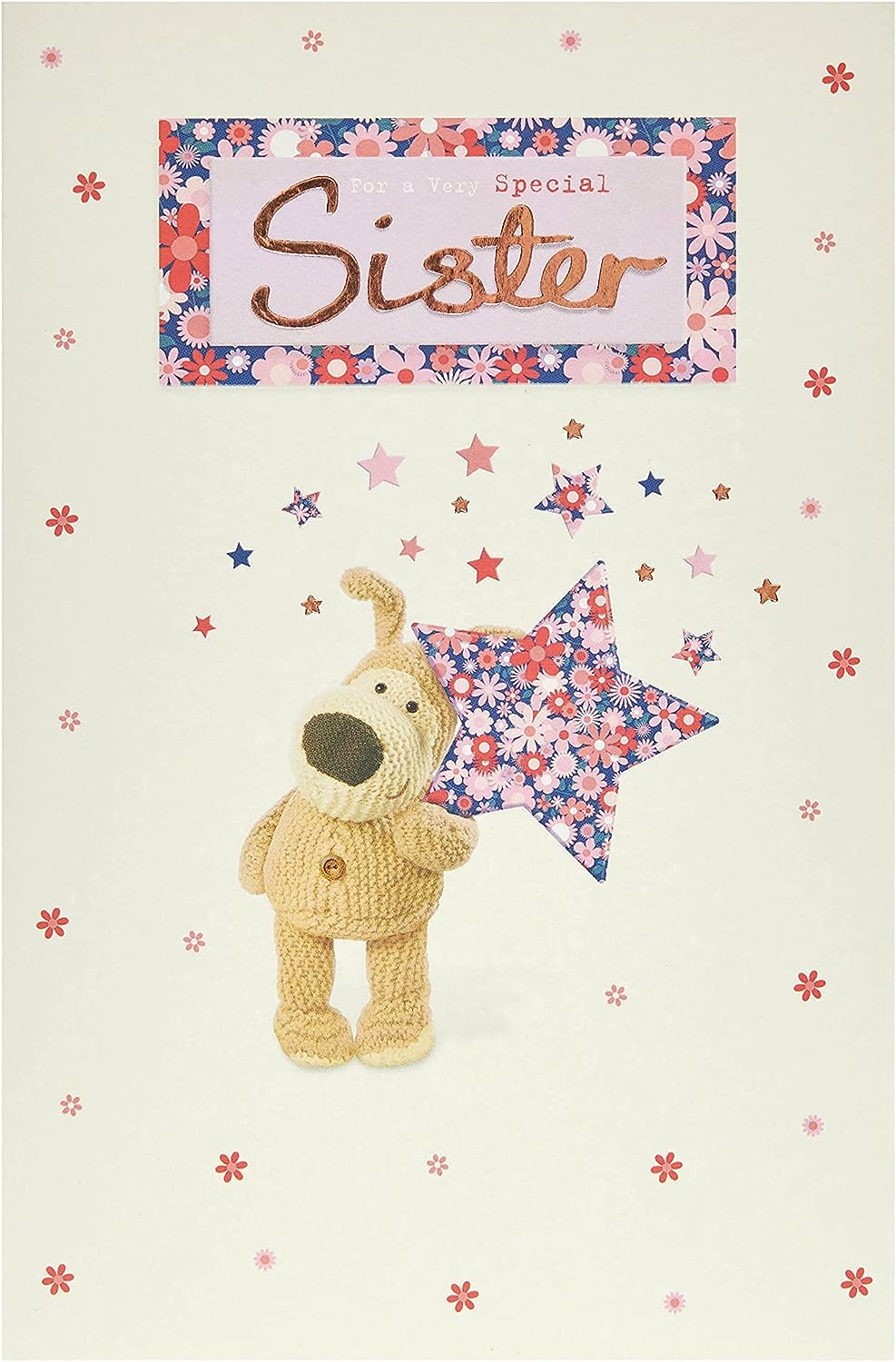 Sweet Boofle Star Sister birthday greeting card from UK Greetings, featuring colorful star design and adorable Boofle character.