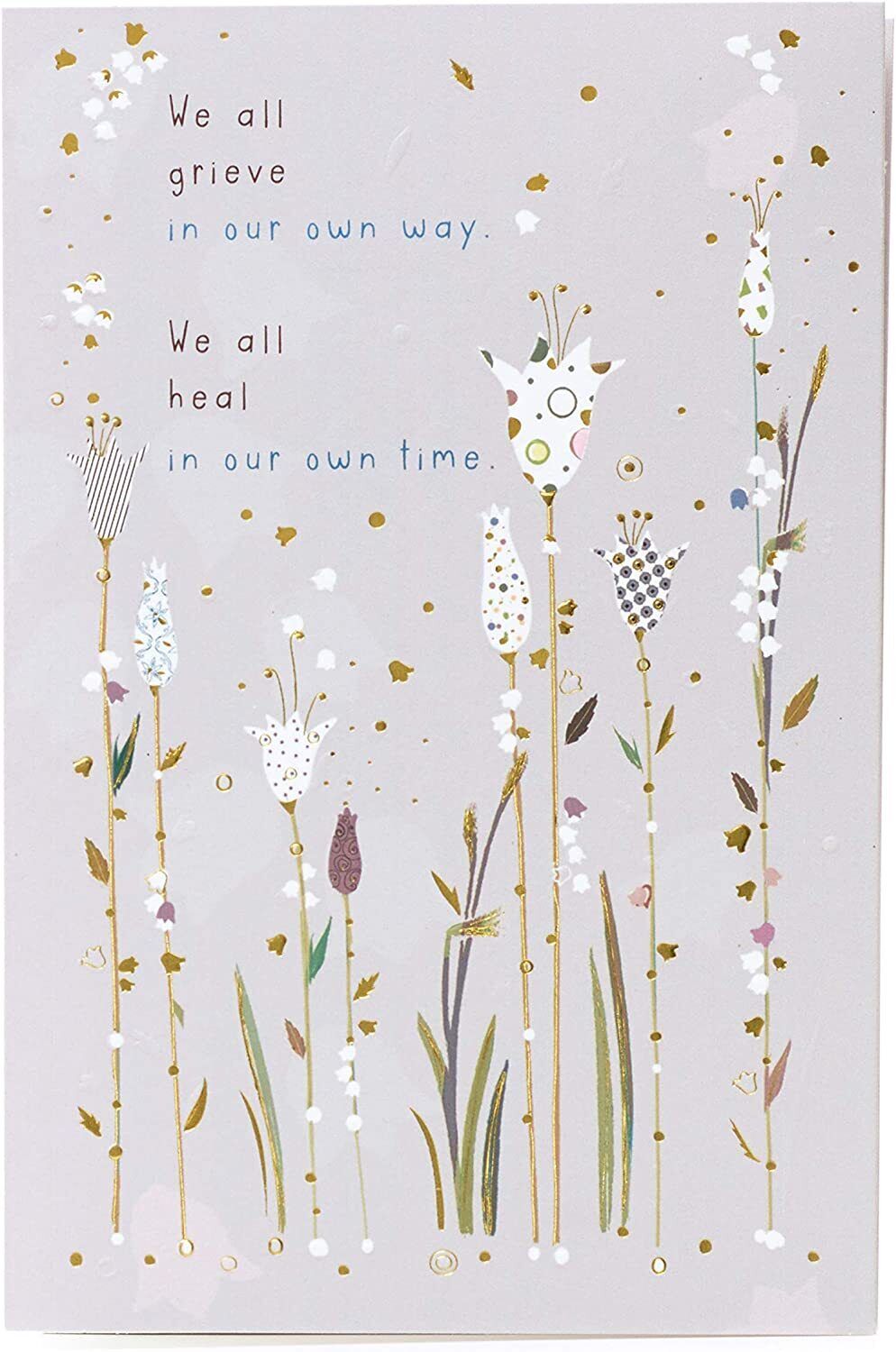 Gold foil sympathy greeting card titled "Caring Thoughts" by UK Greetings, featuring comforting design and heartfelt message.