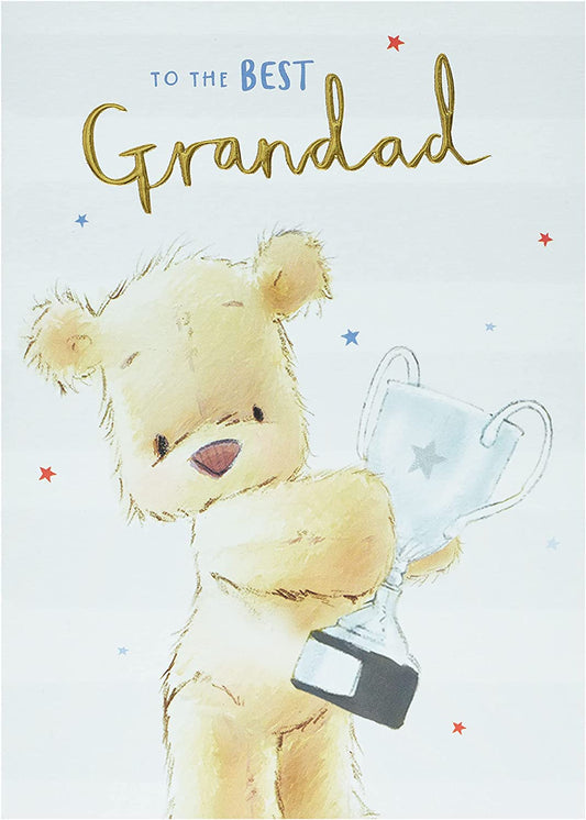 Father's Day greeting card for Grandad featuring teddy and trophy illustrations, by UK Greetings.