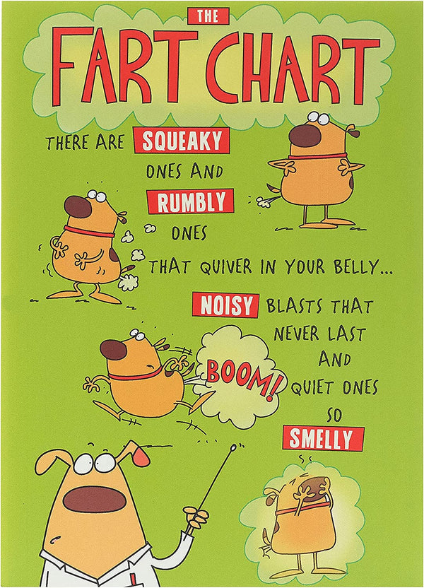 Funny Fart Chart greeting card from UK Greetings, featuring colorful tri-fold design with humorous fart-themed illustrations.