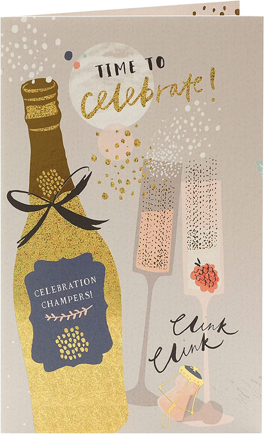 Colorful champagne-themed birthday greeting card by UK Greetings with festive designs and cheerful messages.