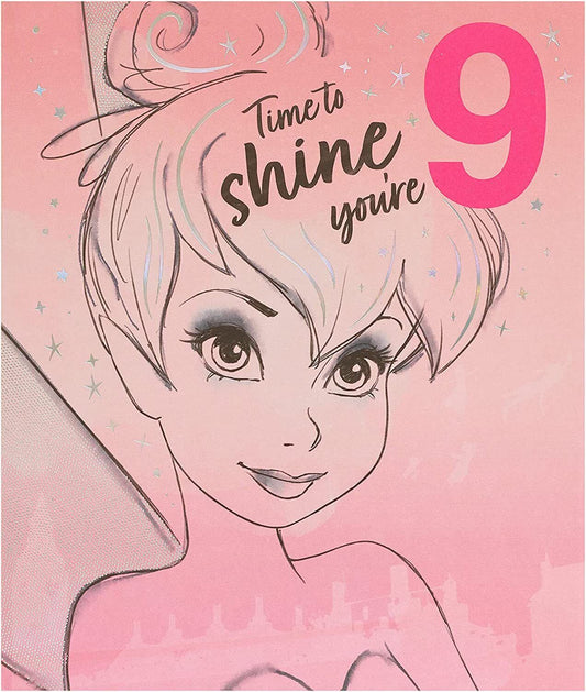 Tinker Bell 9th birthday greeting card by UK Greetings featuring a magical fairy design on the front.