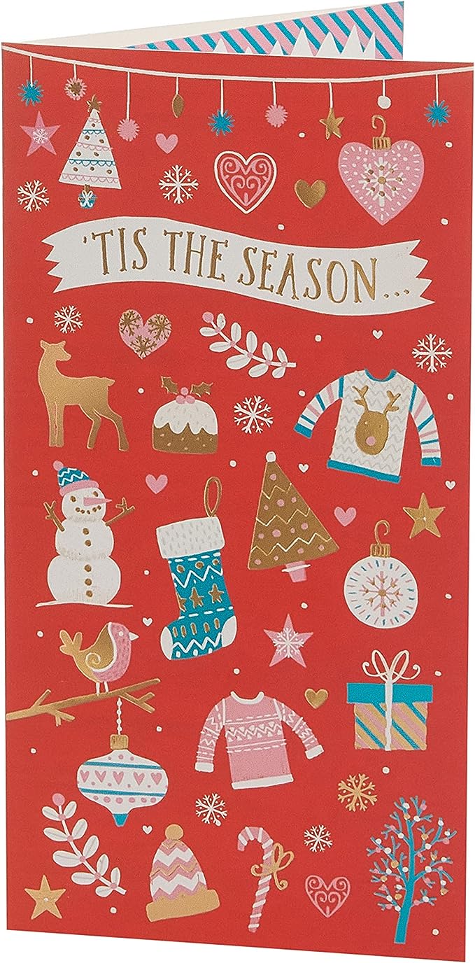 Festive Christmas greeting card with a money wallet gift holder featuring holiday cheer and seasonal holiday design.