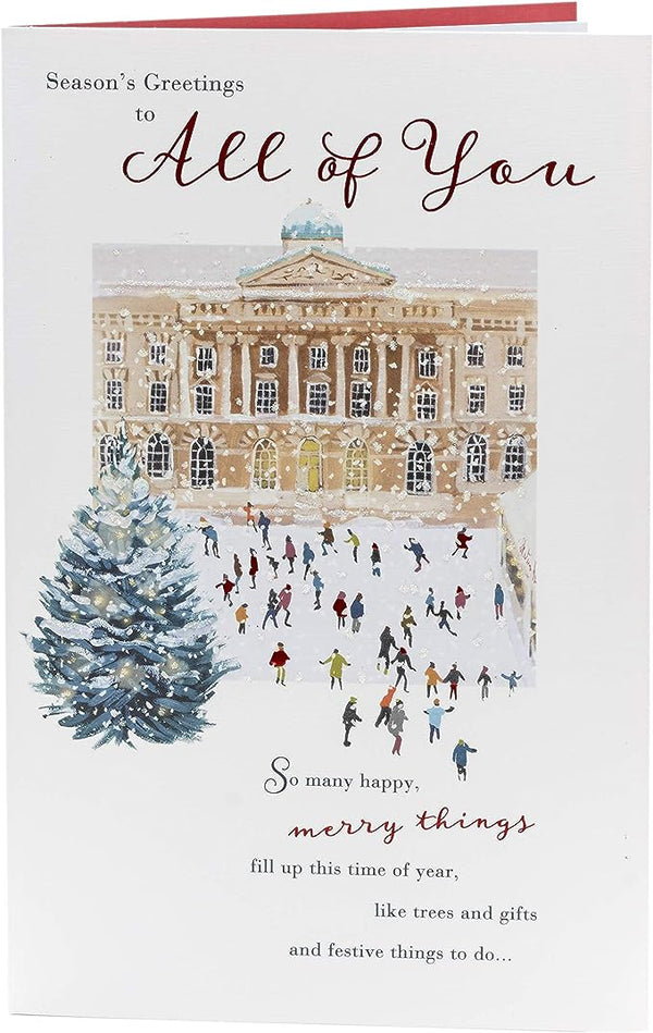 Christmas greeting card featuring winter ice-skating scene with festive design by UK Greetings.