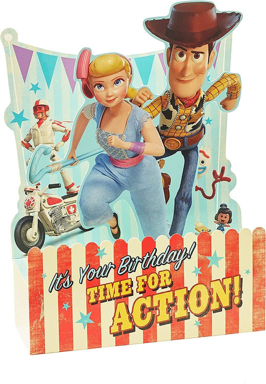 Toy Story Woody pop-up birthday greeting card with character design and colorful illustrations inside.