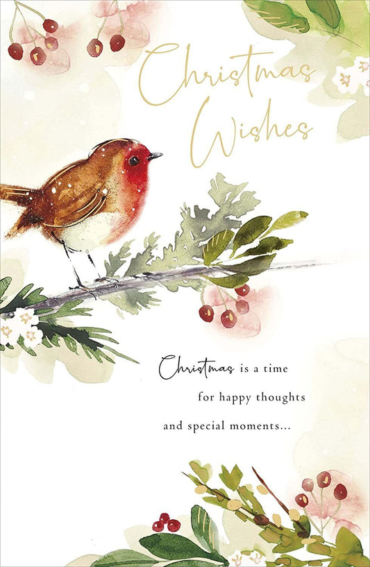 Traditional foiled Robin Christmas Wishes greeting card featuring festive holiday design with a cheerful robin and holiday message.