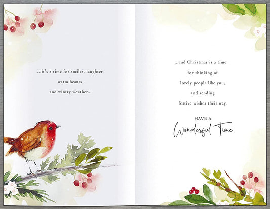 Traditional foiled Robin Christmas Wishes greeting card by UK Greetings featuring festive holiday design with a robin and seasonal message