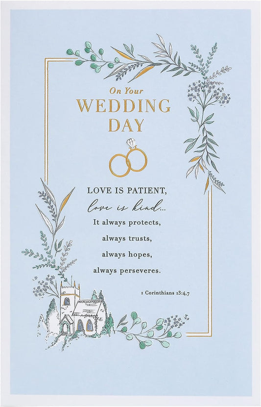 Traditional gold foil wedding greeting card featuring elegant design, perfect for celebrating a special wedding occasion.