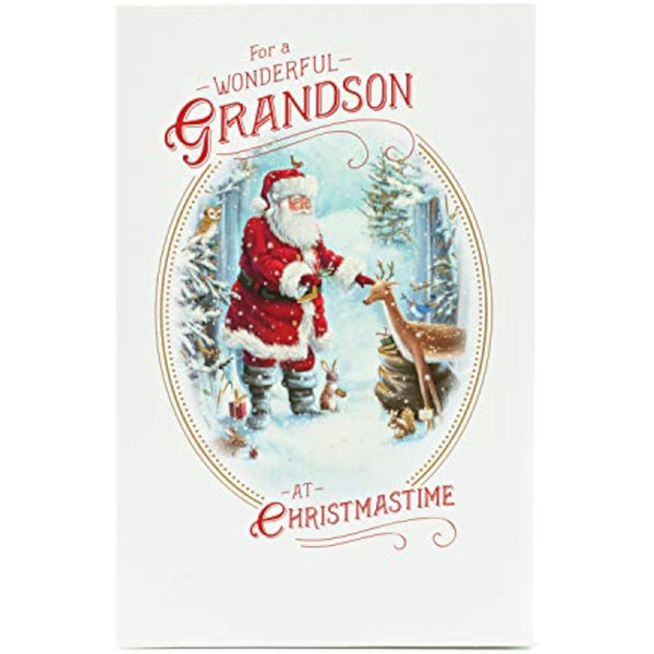 Traditional grandson Christmas greeting card with gold foil and glitter design, featuring festive holiday imagery and warm seasonal message.