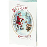 Traditional grandson Christmas greeting card with gold foil and glitter design, featuring festive holiday imagery.