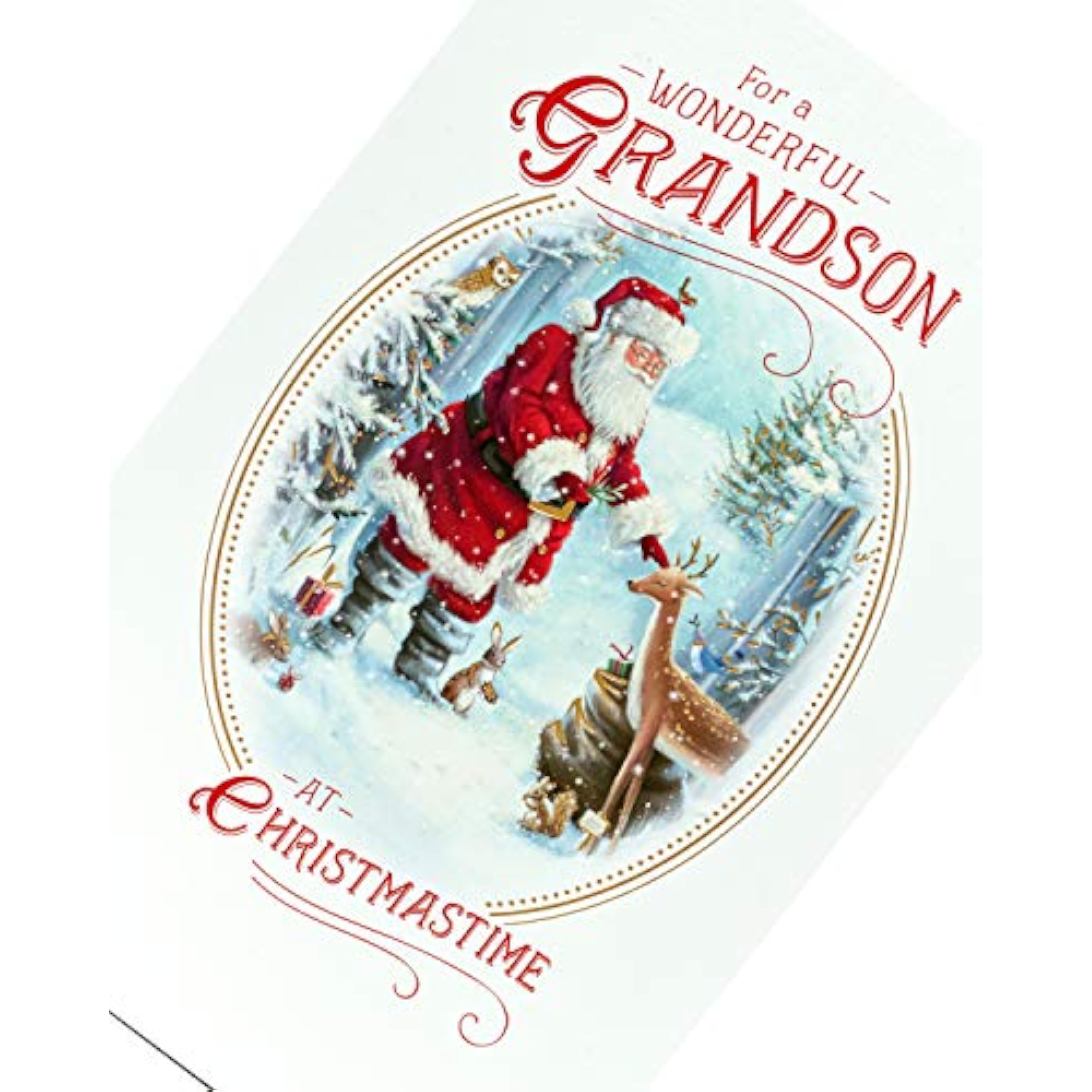 Traditional grandson Christmas greeting card with gold foil and glitter design, featuring festive holiday imagery and heartfelt message.