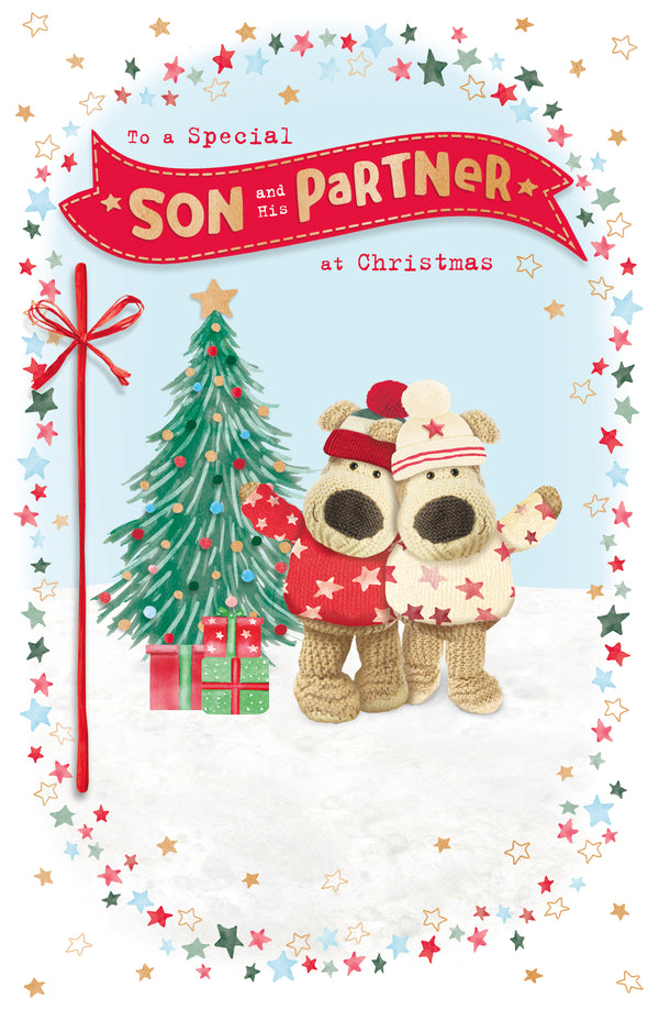 Two Boofles Christmas greeting cards for son and partner from UK Greetings, featuring festive illustrations and holiday messages.
