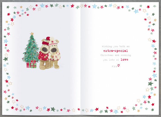 Two Boofles Christmas greeting cards for son and partner, featuring festive holiday designs from UK Greetings.