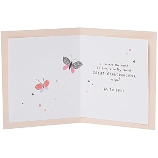 UK Greetings birthday greeting card for great-granddaughter featuring colorful balloons and butterfly illustrations.