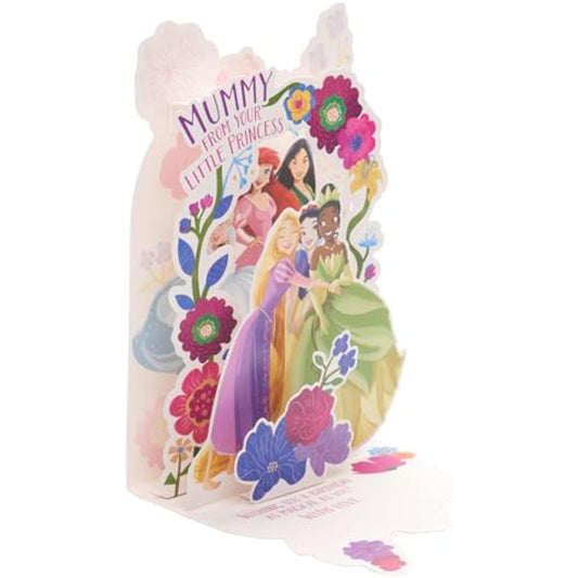 Disney Princess birthday greeting card for Mummy by UK Greetings with a colorful pop-up floral design and princess illustrations.