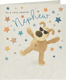 Colorful Nephew birthday greeting card featuring Boofle design from UK Greetings, with cheerful illustrations and festive details.