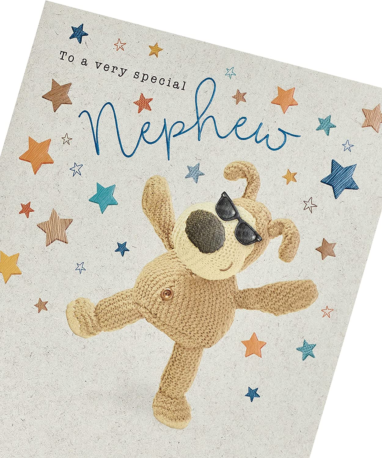 Greeting card featuring Boofle design for a nephew's birthday, from UK Greetings, with colorful illustrations and festive details.