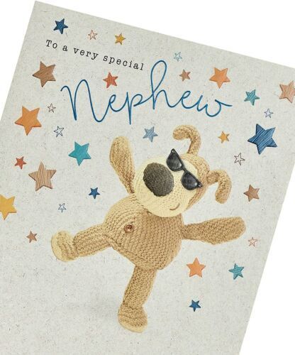 Colorful Boofle birthday greeting card for nephew by UK Greetings, featuring cheerful cartoon character and festive design.