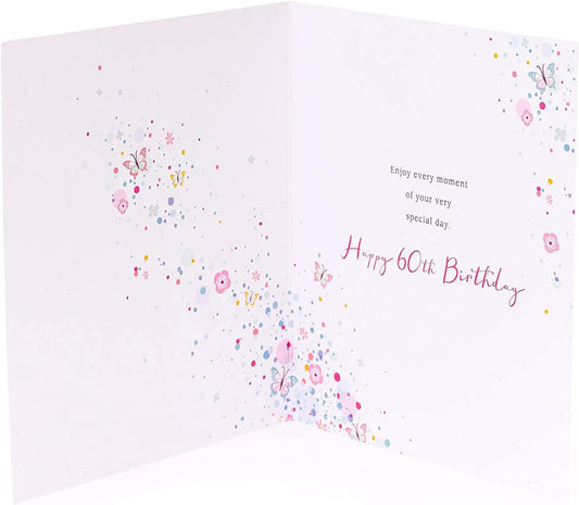 Vibrant 60th birthday foil butterfly greeting card with colorful butterfly design by UK Greetings.