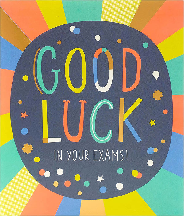 Vibrant multicolour exam good luck greeting card by UK Greetings, featuring cheerful design and message for students.