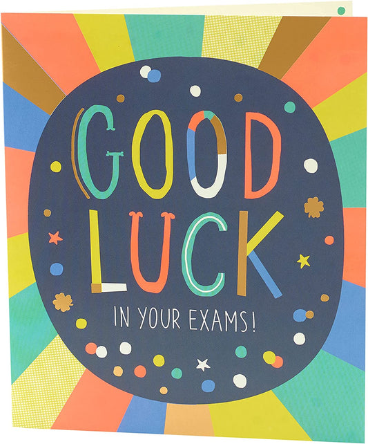 Vibrant multicolour exam good luck greeting card by UK Greetings with cheerful design and inspiring message inside.